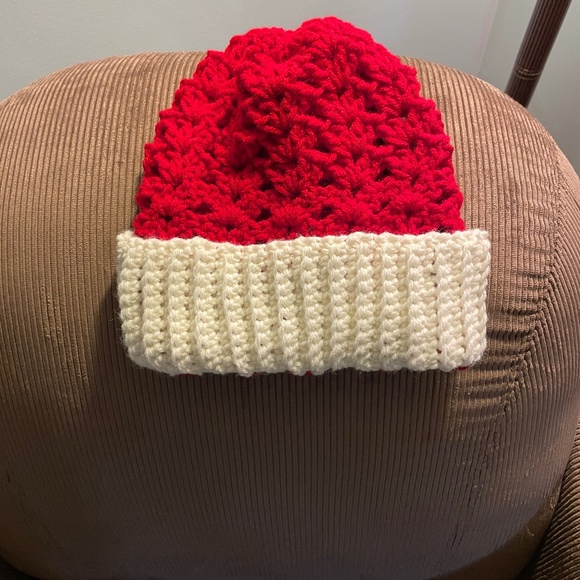 Winter hats - handmade; crocheted - red and antique white (adult); antique white - Picture 1 of 2